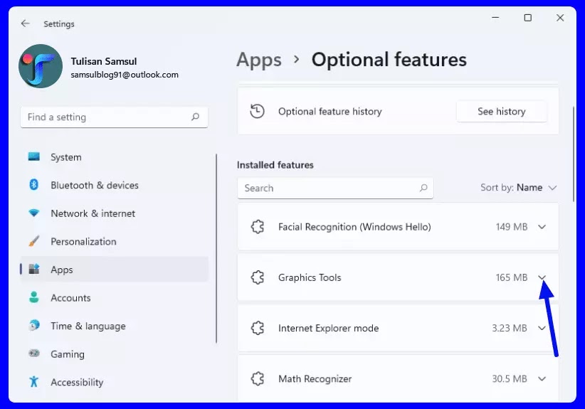 optional features Graphics Tools