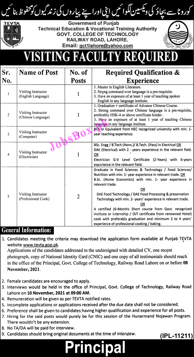 TEVTA Jobs 2021 in Government College of Technology Lahore