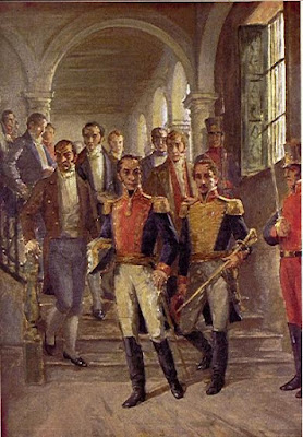 Simón Bolívar, Francisco de Paula Santander y otros próceres de la independencia saliendo del Congreso de Cúcuta