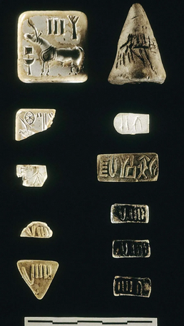 Collection of stone seals and tablets from Harappa, eastern Punjab province, Pakistan.