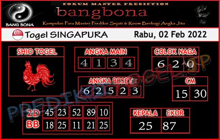 Prediksi Bangbona SGP Rabu 02 Februari 2022