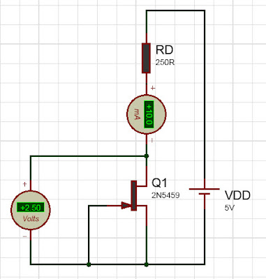 simulated circuit diagram of gate shorted JFET with drain resistor