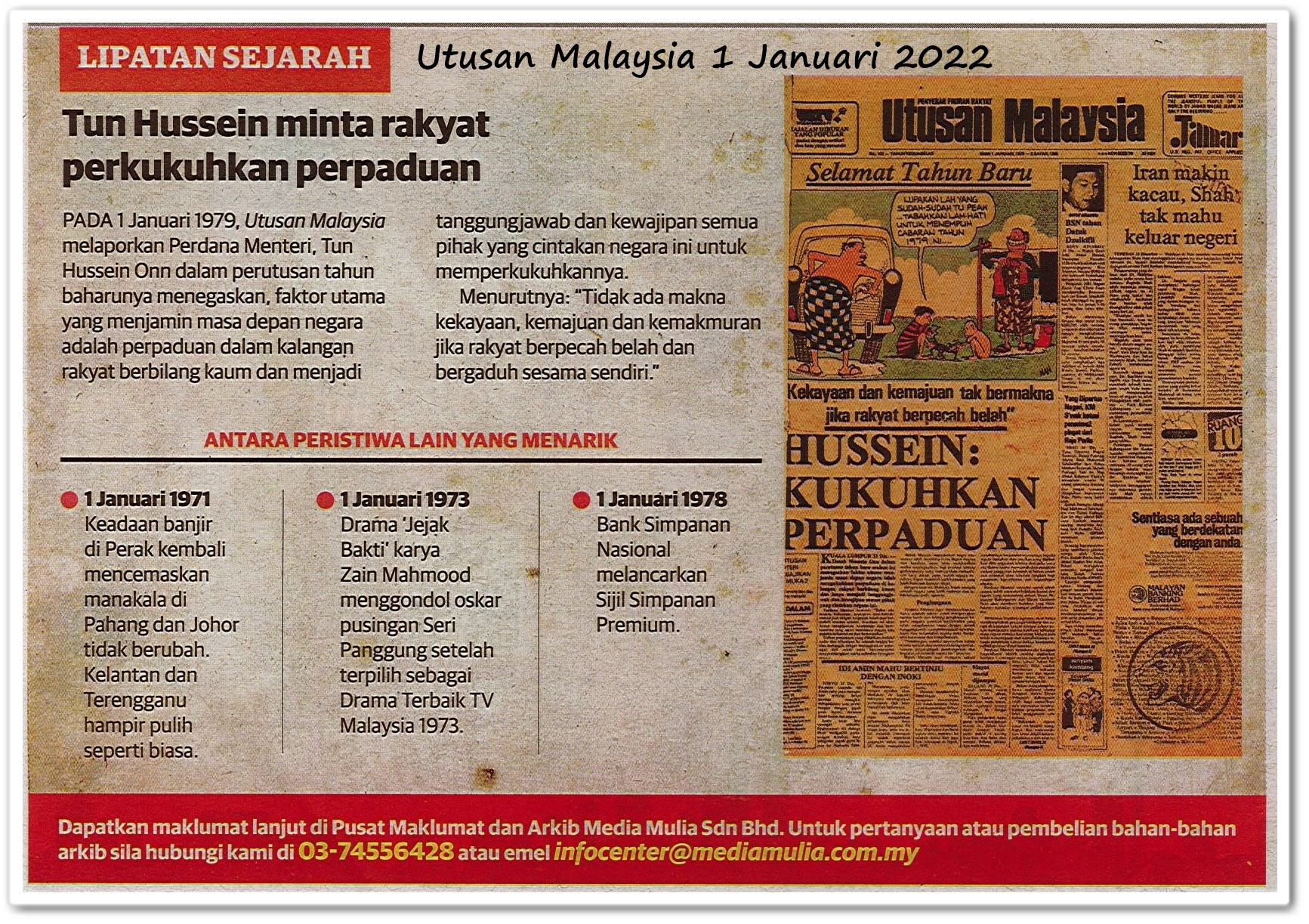 Lipatan sejarah 1 Januari - Keratan akhbar Utusan Malaysia 1 Januari 2022