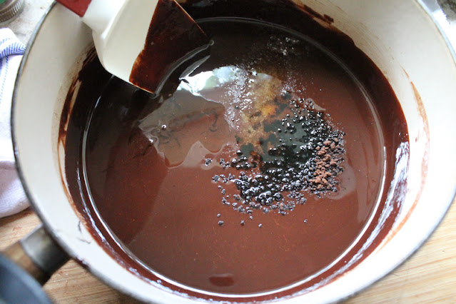 Stirring in the vanilla, espresso powder and salt.