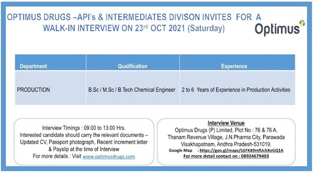 Optimus Pharma | Walk-in interview for Production on 23rd Oct 2021