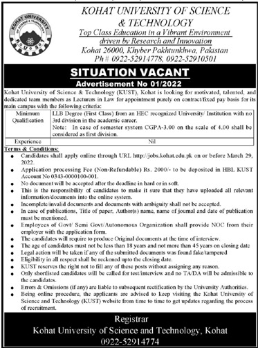 Latest Kohat University of Science & Technology Teaching Posts Kohat 2022