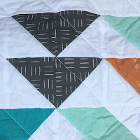 Close-up of part of a patchwork quilt. It is geometric shapes in blue, terracotta and black, on a white background.