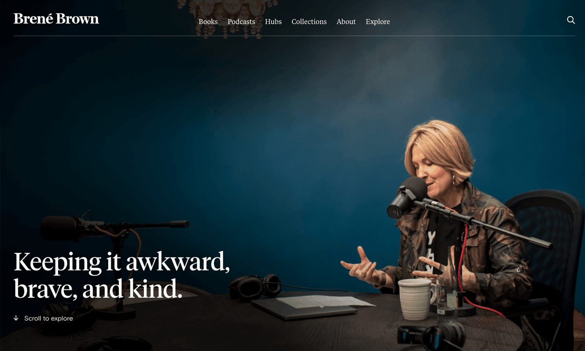 Screengrab of Brené Brown's website which features a dark and shadowy photo-based homepage background