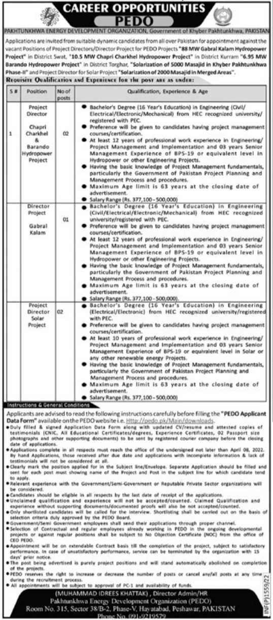 Latest Pakhtunkhwa Energy Development Organization PEDO Management Posts Peshawar 2022