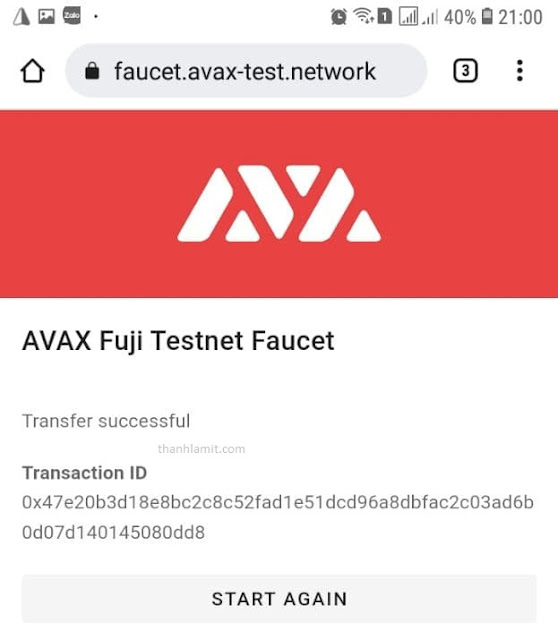 Nhận AVAX testnet thành công