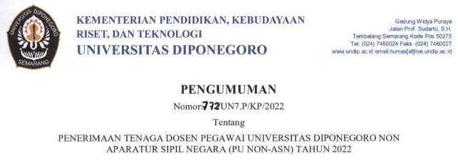 Rekrutmen atau Penerimaan Tenaga Dosen Pegawai Universitas Diponegoro Non Aparatur Sipil Negara Tahun 2022