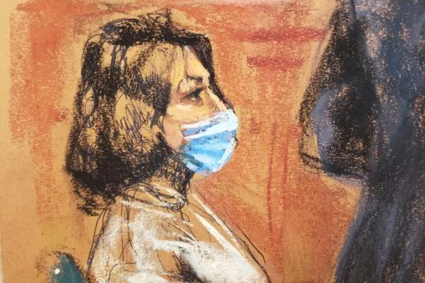 Ghislaine Maxwell, the Epstein associate accused of sex trafficking, watches as Lawrence Visoski, longtime pilot of the late Jeffrey Epstein, is cross-examined during her trial in a courtroom sketch in New York City, on Nov. 30, 2021.