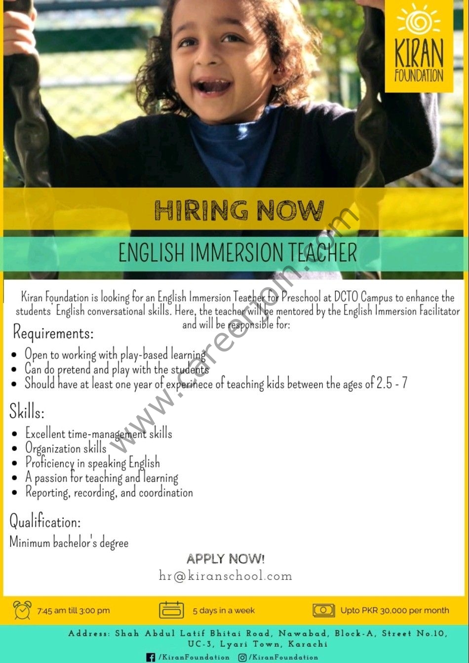 Kiran Foundation Jobs English Immersion Teacher