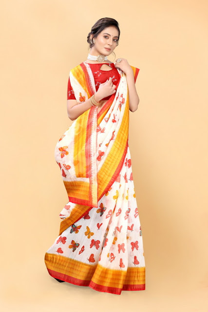 White And Red Cotton Printed Casual Saree