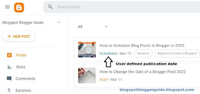 How to Schedule Blog Posts in Blogger - Blogspot tutorial step-by-step - Scheduled Blog Posts are denoted in green in blogger in the Dashboard under Published Posts