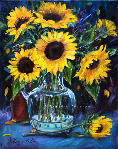 sunflower oil painting with a dark background. flowers in a glass vase that is half full of water