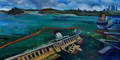 Jane Bennett,maritime artist, painting the wreck of MV Baragoola from the Coal Loader