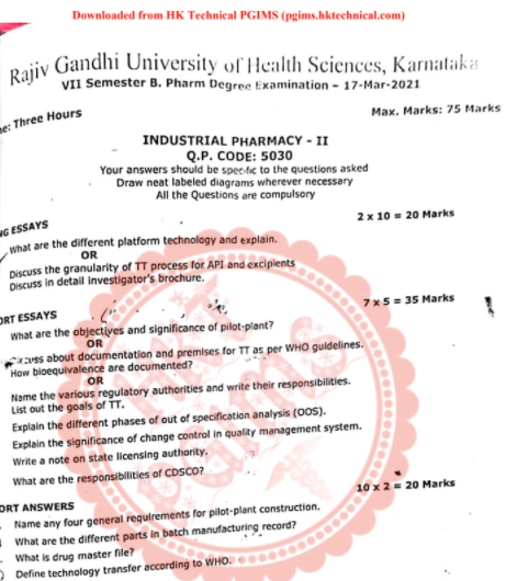 Industrial Pharmacy - RGUHS, Karnataka 7th Semester B.Pharmacy Previous Year's Question Paper,BP702T Industrial Pharmacy,BPharmacy,BPharm 7th Semester,Previous Year's Question Papers,