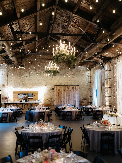 String Lights suspended for a wedding reception at The Green Building in Brooklyn, NY