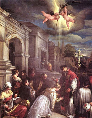 Saint Valentine Painting by Jacopo Bassano shows Cherubic angels burst through a cloud-covered ominous sky casting a beam of bright light on the head of a young woman bent down before a man dressed in a red robe and close black hat standing in front of her.  There is an ornate gold filigreed cross behind the man and he holds a silver ball in his left hand. The picture is set before a large stone gate. Others are there waiting. A young altar boy dressed in a white gathered flowing cape is holding the distaff supporting the cross - his back is to the viewer. An old man with a long beard and balding head is bent forward in the background, A middle-aged woman is seated to the left framing the scene. She appears to have an open book on her lap.