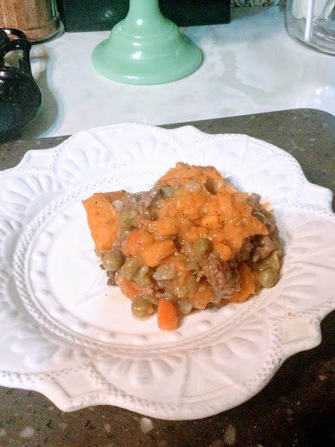 Close up of sweet potato shepherd pie plated