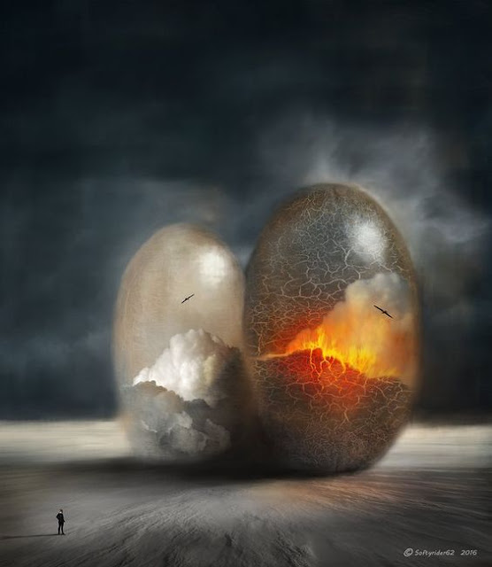 A surreal image of two giant oval shapes with what look like worlds inside them - clouds, birds, sky. Sitting in a desert landscape with the tiny figure of a person looking at them. Created by Softrider62 on DeviantArt