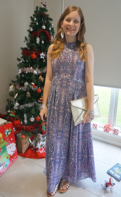 Christmas day outfit summer brisbane pink and purple printed maxi dress with gold sandals rebecca minkoff envelope clutch bag | awayfromblue