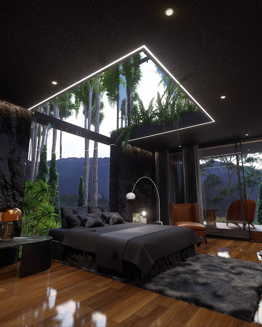 habitación con ventanas de cristal en techo vista al bosque