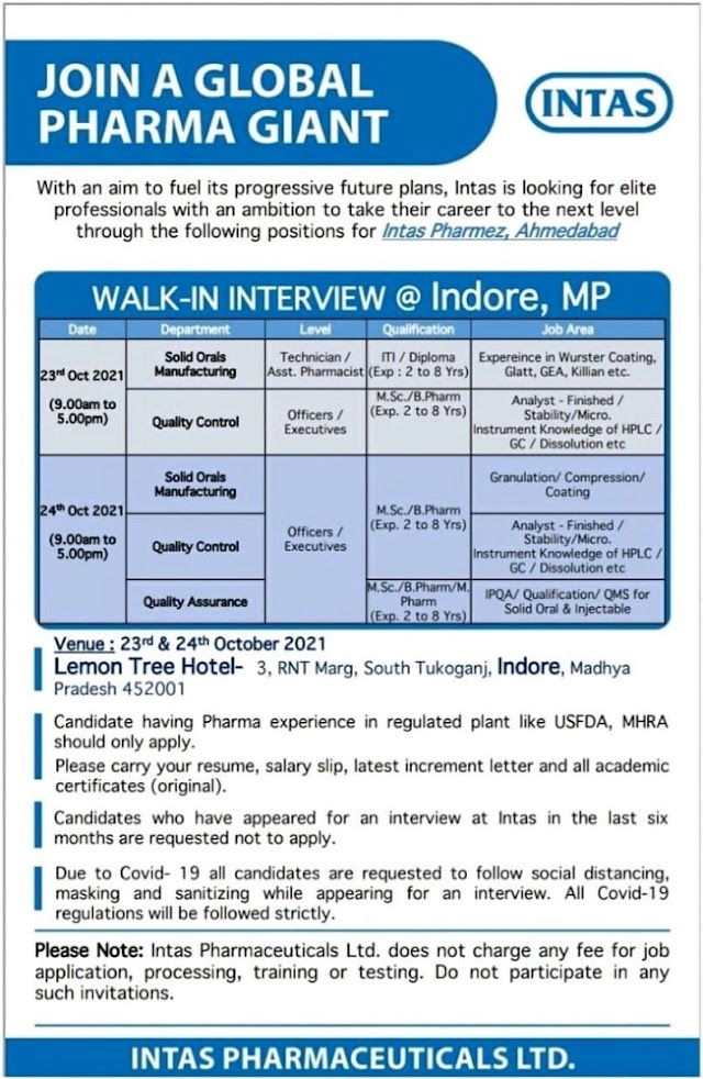 Intas Pharma | Walk-in for Mfg/QC/QA at Indore on 23rd & 24th Oct 2021