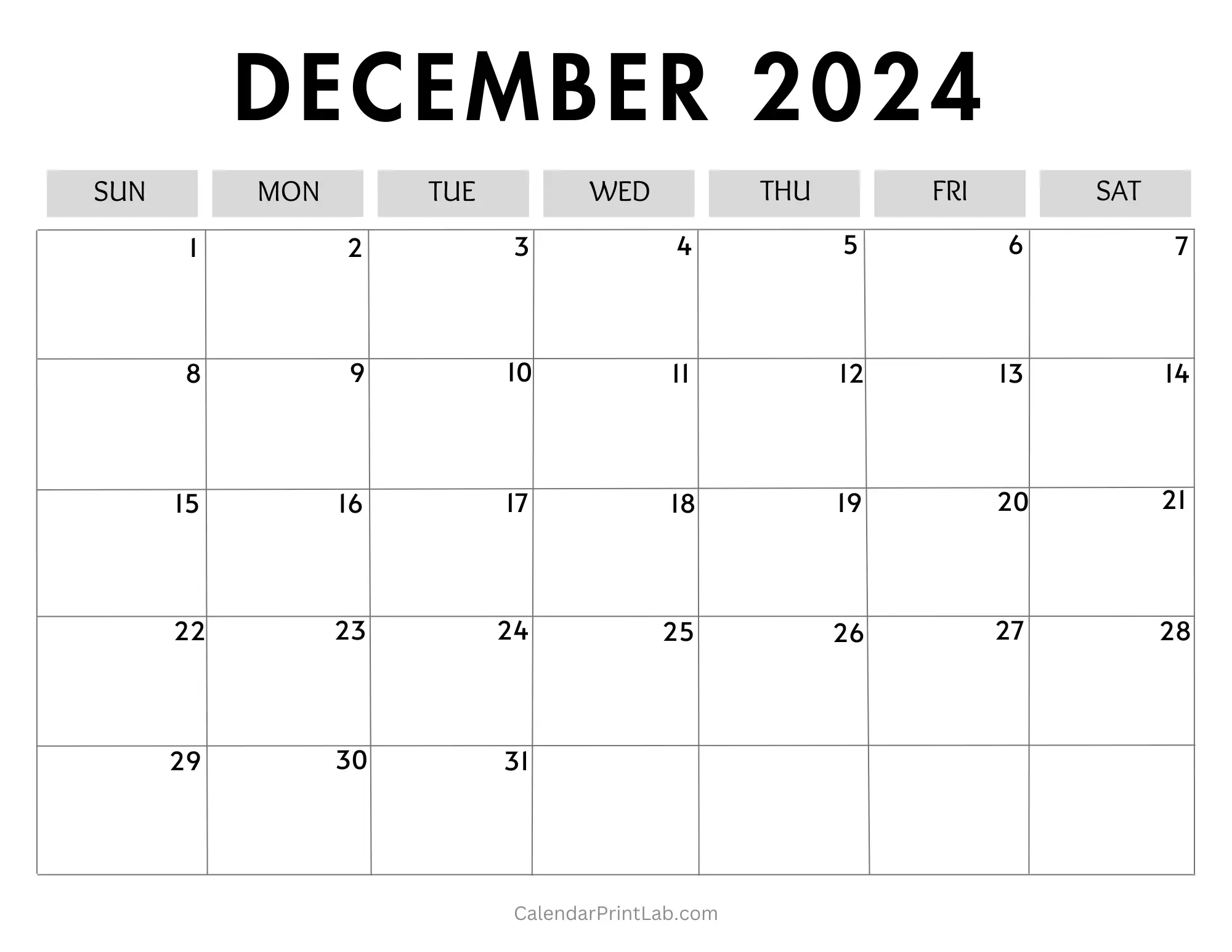 December 2024 Calendar Printable (Horizontal)
