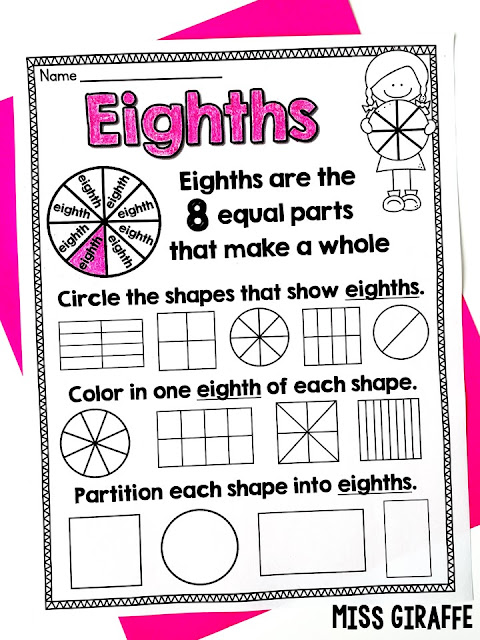 Eighths worksheet to practice dividing a shape into eight equal parts for fun fractions practice!