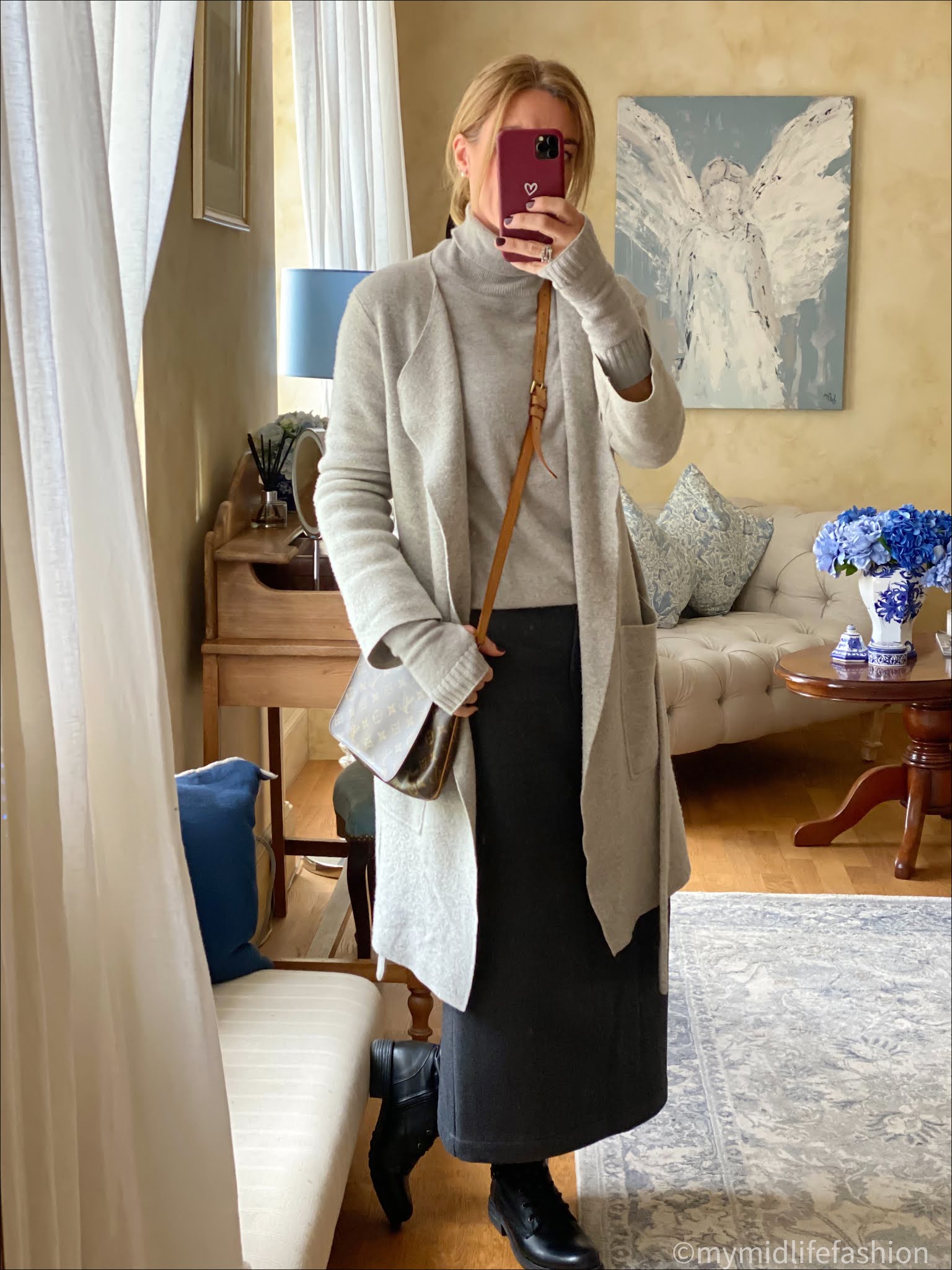 my midlife fashion, carl scrape paulette black lace up ankle boots, Joseph knitted coatigan, marks and Spencer Pure cashmere roll neck jumper, Louis Vuitton cross body bag, raey straight skirt, black cashmere fingerless gloves