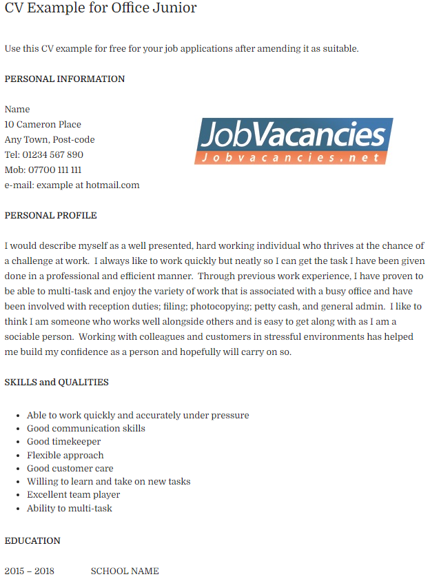 Office Junior CV Example
