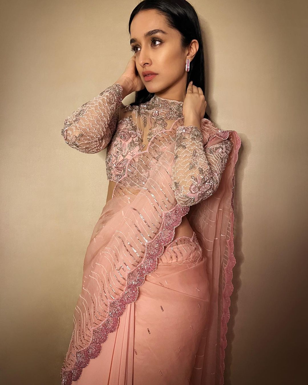 Saree Blouse Designs 2022. Shraddha Kapoor in a pink High-neck sheer blouse
