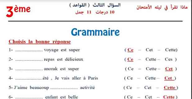 تحميل أسئلة جرامر امتحان اللغة الفرنسية بالاجابات الثانوية العامة 2023 PDF