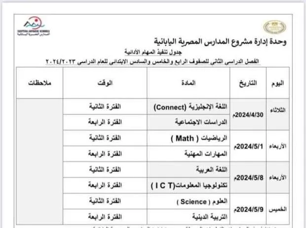 تبدأ 30 أبريل .. جدول المهام الأدائية للمرحلة الابتدائية الترم الثاني في المدارس اليابانية " مستند "