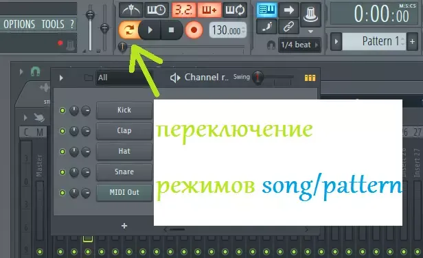 Изображение кнопки переключения между режимами song и pattern