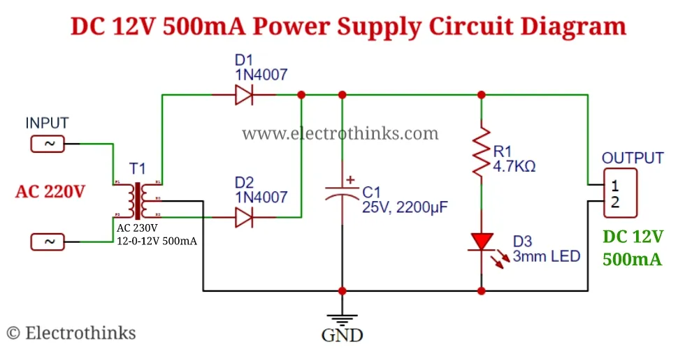 DC 12V 500mA Power Supply Circuit