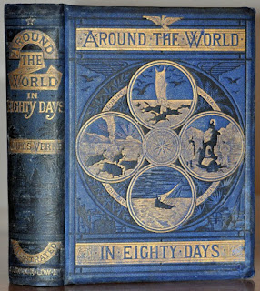 Blue and gold cloth covered book titled Around the World in Eighty Days