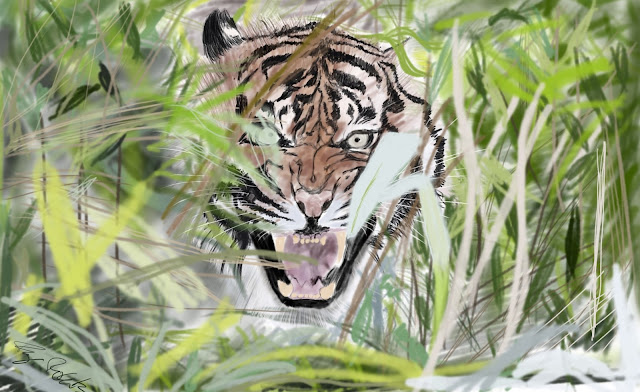 "Digital colour sketch of a tiger's face surrounded by abstract foliage. The tiger is snarling, mouth wide open, every tooth exposed, pupils pinprick-small. One ear is visible, and a hint of the other. Its eyes are a muddied shade of light green. The foliage that surrounds it are many shades of green and brown - blurred and scribbled, somewhat impressionistic, the leaves and stalks overlap the tiger's face, obscuring some parts and framing others. There is the tiniest hint of its massive body beyond. "