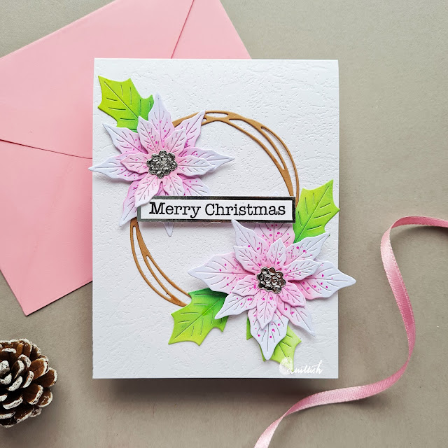 Poinsettia card, Christmas card with Dies, Poinsettia dies, Hero arts Poinsettia paper layering dies, Wreath card, Clean and simple poinsettia card, Quillish