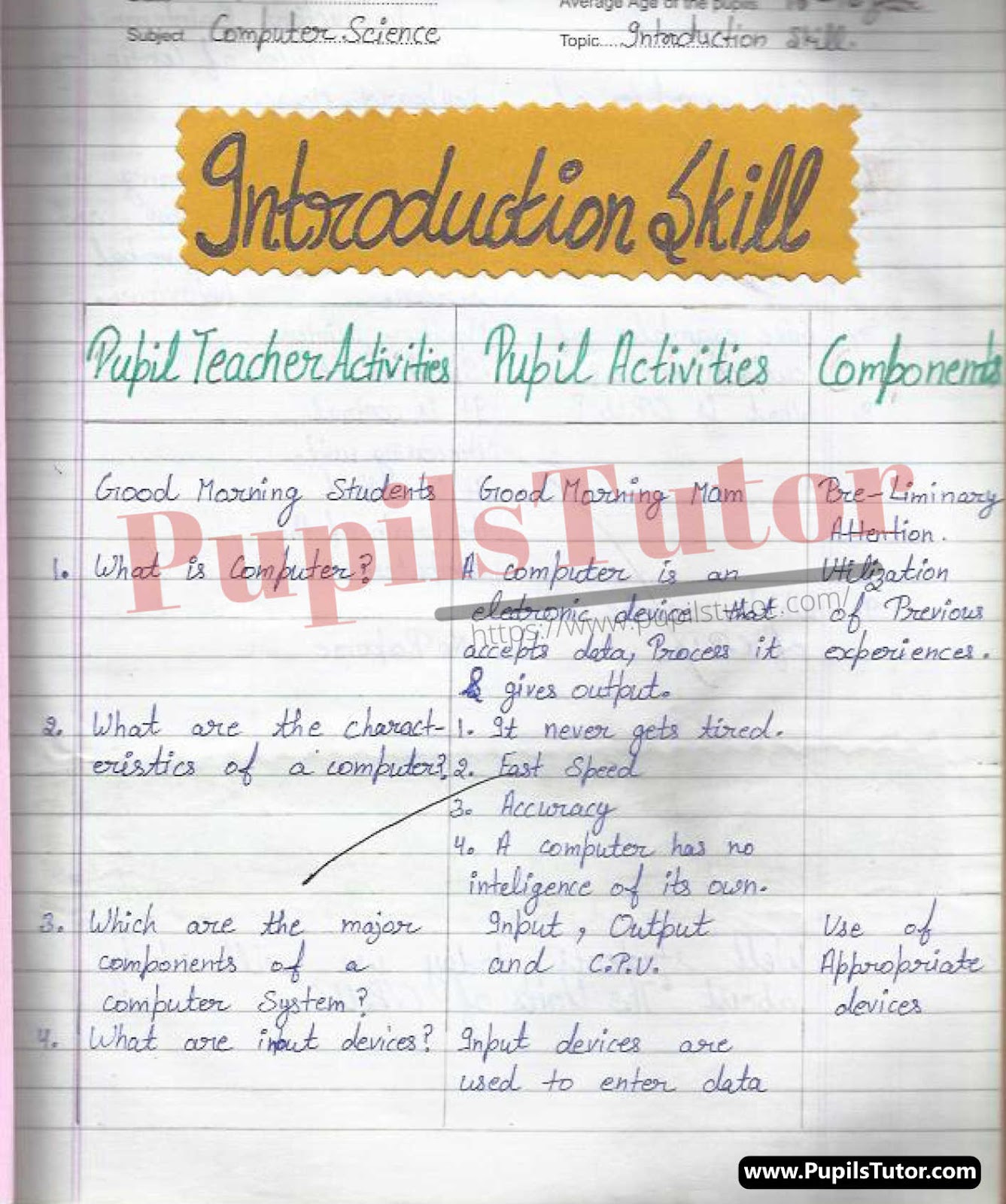 Micro Teaching Skill Of Introduction Computer Science Lesson Plan For Class 4 To 7 On Basics Of Computer – (Page And Image Number 1) – Pupils Tutor