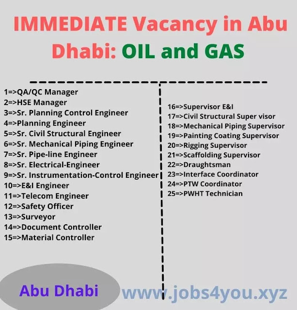 IMMEDIATE Vacancy in Abu Dhabi: OIL and GAS