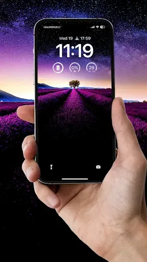 Lone tree in purple lavender field under starlit sky HD wallpaper for mobile