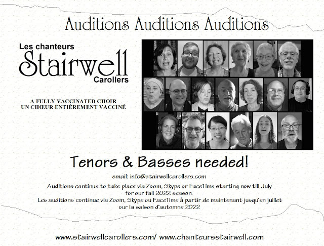 Stairwell Caroller Auditions until August 2022 tenors and basses, Ottawa area