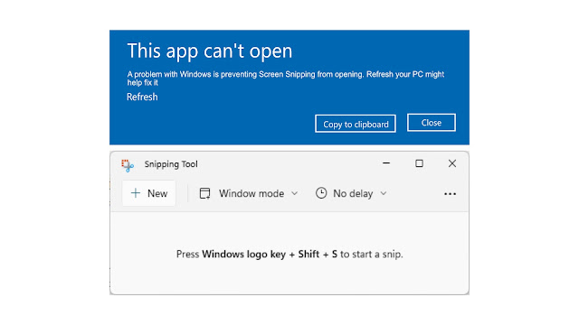 This app can't open. A problem in Windows is preventing Screen Snipping from opening. Refreshing your PC might help fix it