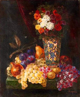 fruit, flowers, and glass vessels