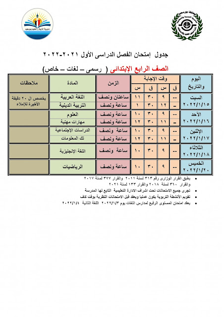 جداول إمتحانات الفصل الأول من العام الدراسى 2021-2022محافظة بورسعيد