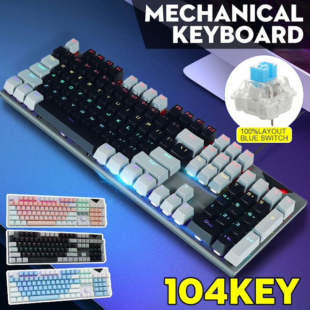 KB168 Wired Mechanical Keyboard 104 Key Conflict Free Keys Suspend ABS Keycaps Blue Switch RGB Backlit Mechanical Gaming Keyboard