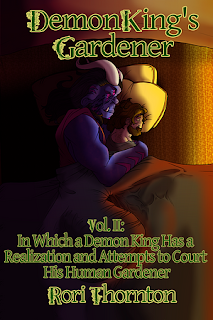 A purple demon with horns spoons in bed with a pale human with brown hair